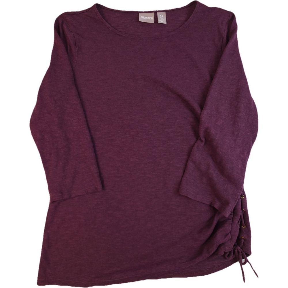 Chico's Top Women 0 Purple Side Lace Up 3/4 Sleeve Slub Knit Excellent